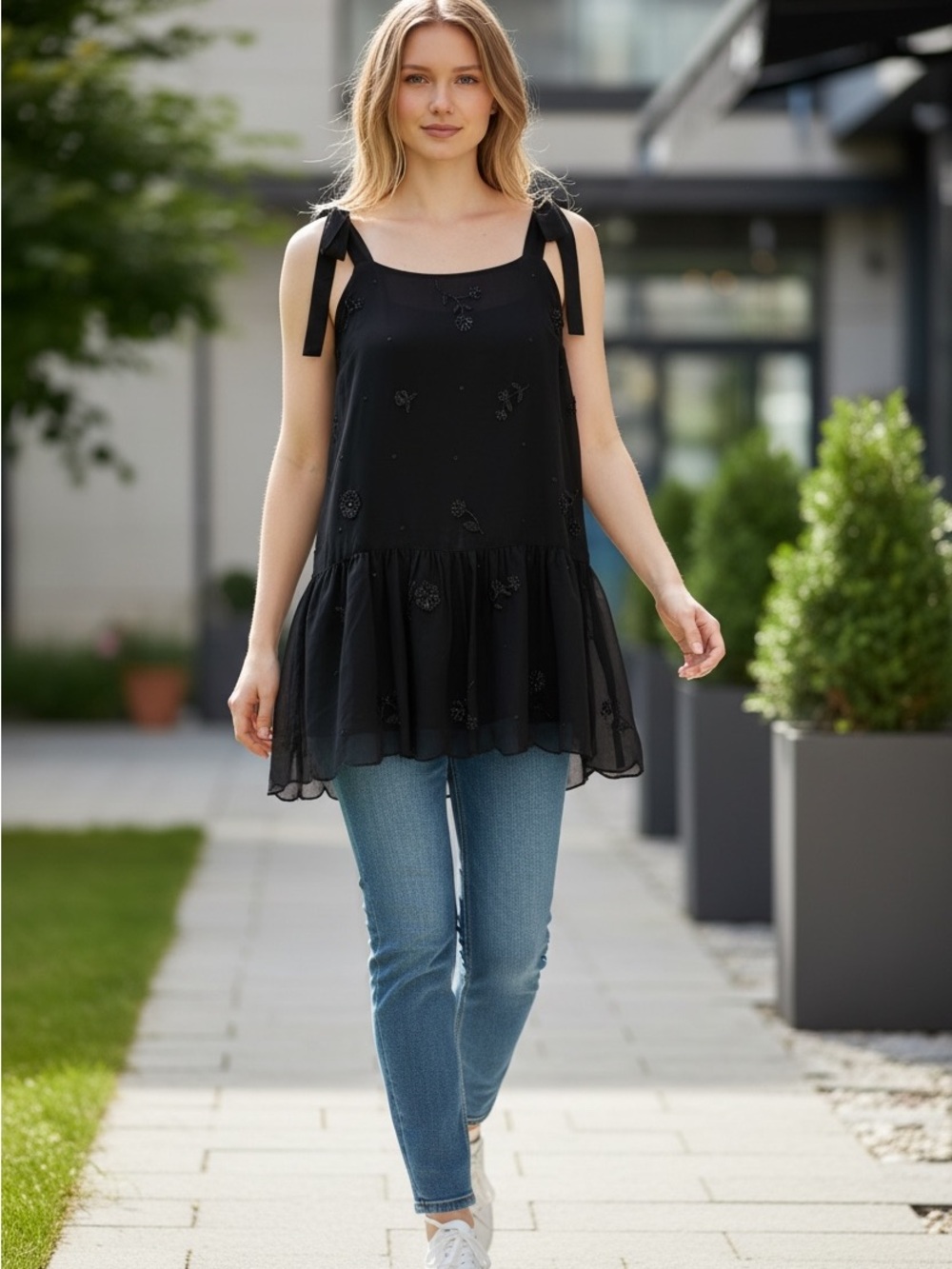 Black Tie-Shoulder Embroidered Ruffle-Hem Tunic Top